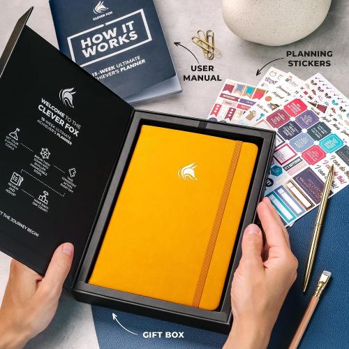 Clever Fox 13-week Ultimate Achiever's Daily Goal Planner, Amber Yellow | Undated 90-day goal workbook, daily, weekly and monthly layouts, Hourly schedule, Affirmations, Habit tracker, Hardcover, A5