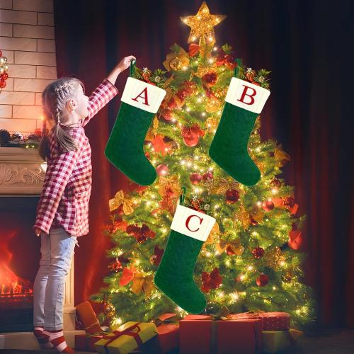 Christmas Stockings with Initials,20 Inches Large Knit Embroidered Letter Green White Christmas Stocking,Monogram Christmas Stocking for Famliy Holiday and Xmas Tree Fireplace (Letter A)