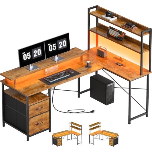 Maihail L Shaped Desk with Shelves,Reversible Computer Desk with LED Lights and Charging Station,Home Office Corner Desk with Monitor Stand,Brown2