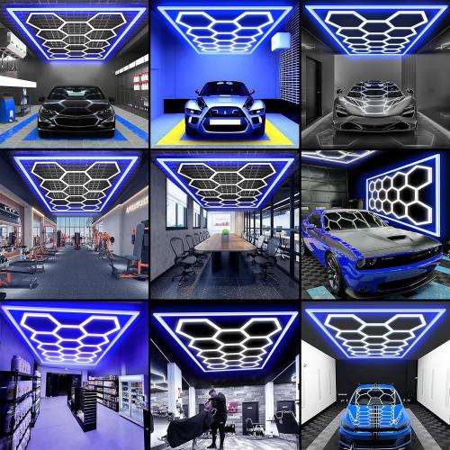 Large Hexagon Garage Lights 14 Hex LED Higher Brightness Lights with Blue Light Rectangle Frame Octagon Honeycomb Lighting for Garage Car Detailing Barber Shop Gym Warehouses.