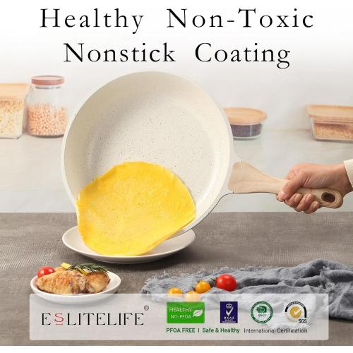 ESLITE LIFE Nonstick Ceramic Frying Pans Skillets Set with Lids, Non-Toxic Egg Omelette Kitchen Cooking Pans Compatible with All Stovetops (Gas, Electric & Induction), PTFE & PFOA Free (White)