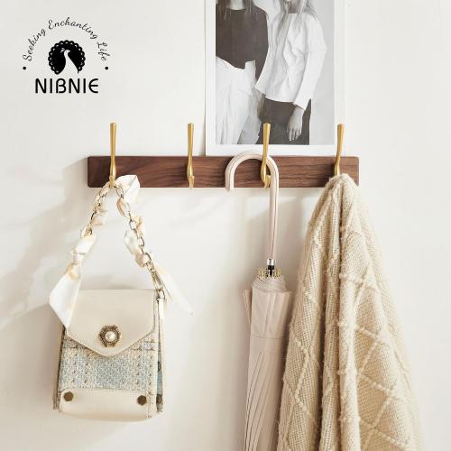 16 Inch Small Walnut Wood Coat Rack Wall Mount with 4 Hooks, Adhesive & Drilling Mounted, Heavy Duty Wooden Wall Coat Hanger Hanging Towel Clothes Hat Bag Purse Key Jacket Backpack Holder Gold