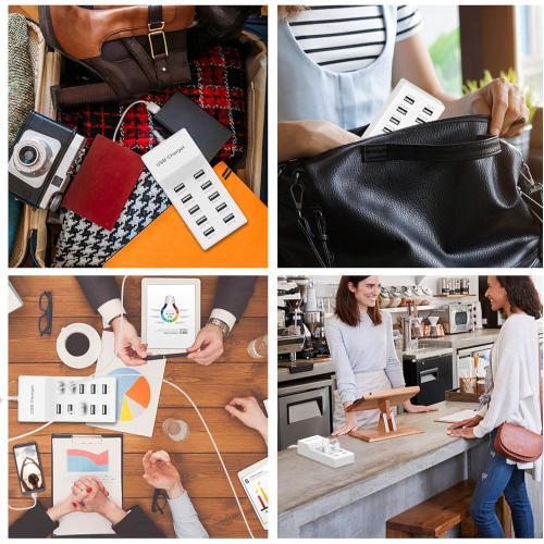 USB Charger Station Block with Rapid Charging Auto Detect Technology Safety Guaranteed 10-Port Family-Sized Smart USB Ports for Multiple Devices Smart Phone Tablet Headphones