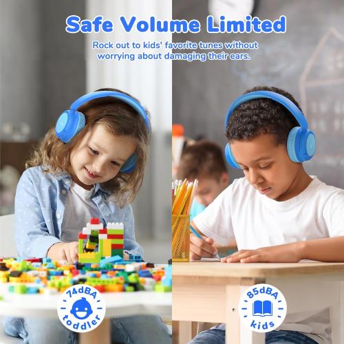Color Blue iClever BTH22 Kids Bluetooth Headphones, 60H Play Time, USB C Fast Charging, Bluetooth 5.4, AUX Cord,Safe Volume 74/85 dBA,Toddler Headphones for iPad/Tablet/Travel/School, Blue