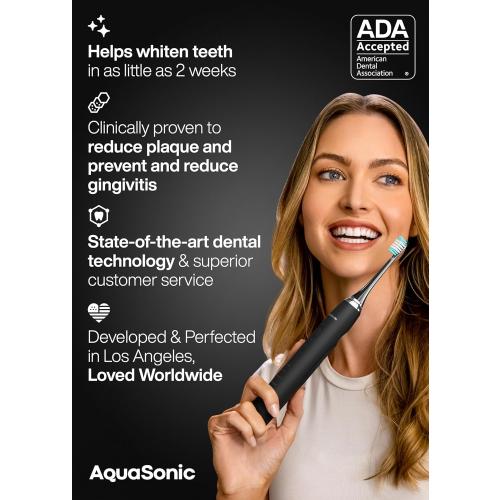 Aquasonic Black Series Ultra Whitening Toothbrush – ADA Accepted Electric Toothbrush- 8 Brush Heads & Travel Case – 40,000 VPM Electric Motor & Wireless Charging - 4 Modes w Smart Timer