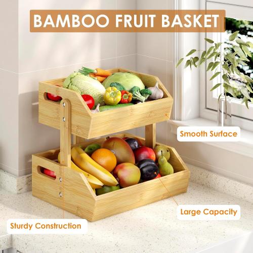 2-Tier Bamboo Fruit Basket, Fruit Basket for Kitchen Fruit Holder, Fruteros Para Cocina, Fruit Bowl for Onion Potato Bread Snack and Kitchen Countertop Organizer