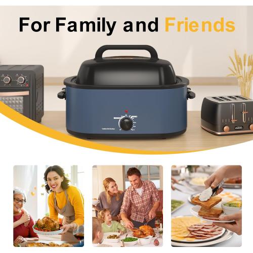 Sunvivi Roaster Oven, Electric Roaster Oven with Viewing Lid, 28lb 24-Quart Turkey Roaster with Unique Defrost/Warm Function, Large Roaster with Removable Pan & Rack, Stainless Steel, Blue