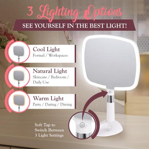 Size 9x13 Color White MIRRORVANA Lighted Travel Hand Mirror with Comfy Handle and Detachable Stand - Portable, Thin and Lightweight Design - Rechargeable with 3 LED Light Settings - 9 x 13 (White)