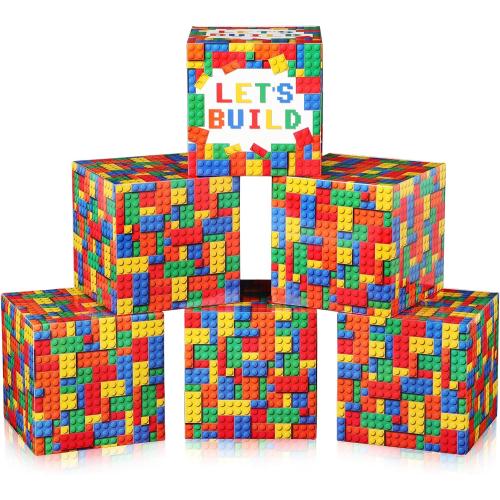 6 Pcs Large Building Block Party Decorations Boxes, 12 Inch Brick Theme Cardboard Box Backdrop Props Boxes for Building Block Birthday Party Decorations