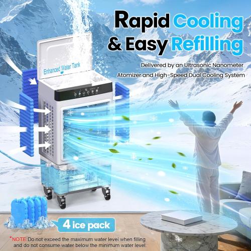 Portable Swamp Cooler Air Conditioner, 4-in-1 Evaporative Air Cooler with 7.5-Gal Tank for 30H Cooling, Dry-Burn Protection, Remote, 12H Timer, 4 Ice Packs, 120° Oscillation for Home Office Garage