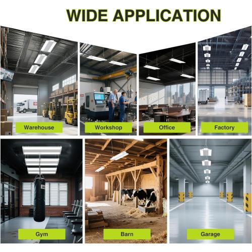 YXL 4 Pack 210W LED Linear High Bay Shop Light, Larger Central Lighting Area, 31500LM, 120-277V, 0-10V, 5000K, Commercial Linear High Bay Led Shop Lights for Warehouse Industrial Garage Workshops,