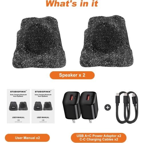 BLACK STUDIOFINIX 8 Rock Speakers Outdoor Waterproof - 5.3 Bluetooth Wireless Speaker Solar Powered Max Peak 240W for Garden,Patio,Deck,Pool,Backyard (Gray 1 Pair)