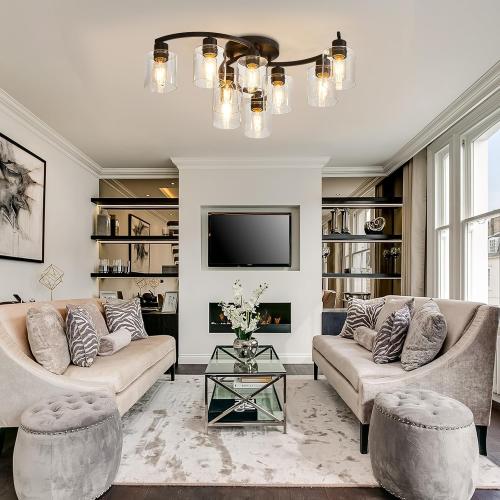 Semi Flush Mount Ceiling Light Fixtures, Black Kitchen Light Fixtures Ceiling Mount, 9 Light Industrial Ceiling Lights with Clear Glass Shade for Bedroom Hallway Living Room
