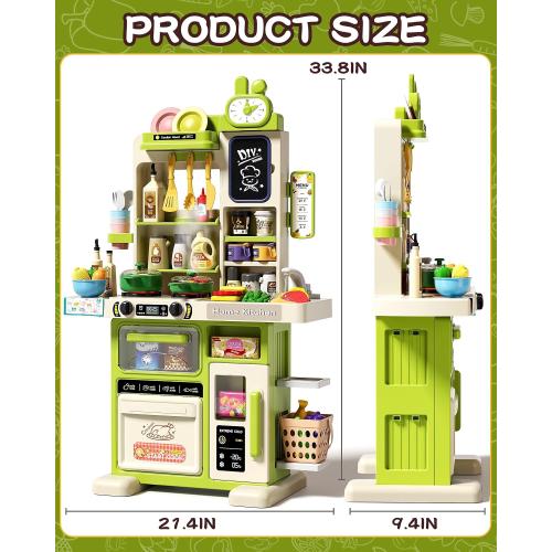 33.8IN - 70PCS Kids Kitchen Playset with Sound & Light - Cooking Stove with Steam, Play Sink and Toy Kitchen Accessories - Pretend Kitchen Play Food Toys for Kids Boys Girls - Toddler Play Kitchen Set
