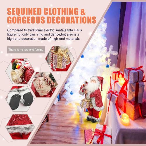 18 Inch Animated Plush Santa Figurine with Music and Movement, Collectible Red Sequin Coat Christmas Decoration, Singing Dancing Santa Claus Holiday Centerpiece Gift for Home or Store
