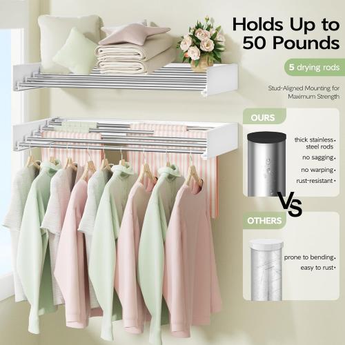 Wall Mounted Clothes Drying Rack 32, Foldable Wall Mount Laundry Rack Folding Indoor, Drying Rack Clothing Collapsible, Hidden Space Saver with Wall Template, 5 Rods, White