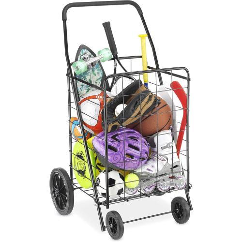 BLACK Whitmor Extra Large Utility Foldable Shopping Cart with Wheels, 100 Lb Capacity, Heavy Duty Grocery Cart with Steel Frame, Foam Handle, Rolling Collapsible Utility Trolley for Grocery, Laundry, Black