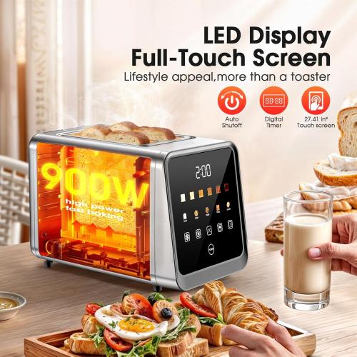 Toaster 2 Slice with Smart Digital Touchscreen & 1-Touch Memory | Stainless Steel 1.5 Extra-Wide Slots for Bagels & Artisan Bread | 900W for Fast, Even Toasting | Defrost, Reheat, Single-Slice Mode