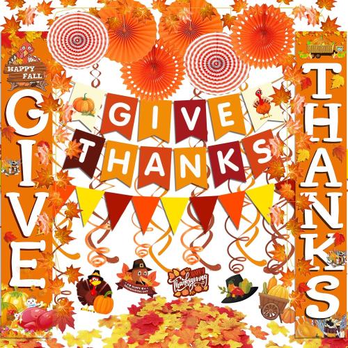 Famoby GIVE THANKS Hanging Banner Porch Sign Autumn Pumpkin Maple Leaf Backdrop Flag Banner Paper Fan&Swirls for Thanksgiving Party Decorations