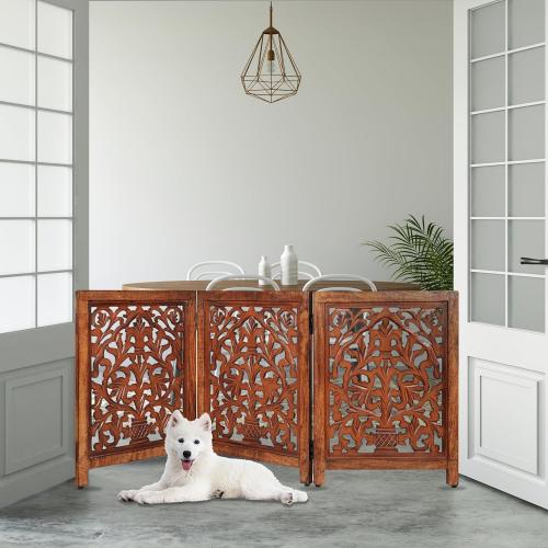 Decorative Wooden Pet Gate, Dog Fence, Cat Gate, Foldable, Adjustable, Portable, Extra-Wide, Wooden Dog Barrier, Free-Standing Puppy Gate 3 Panels for Indoor, Doorways, Stairs-24x54 Inch Antique Burnt