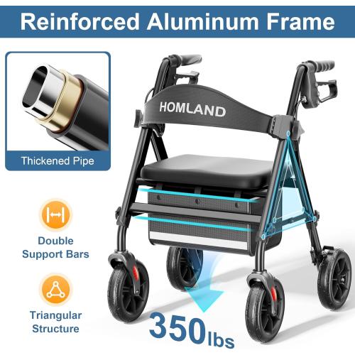 HOMLAND Foldable Walker for Seniors with Seat, 17lb Lightweight, Ergonomic | 350lb Capacity, 8 All-Terrain Wheels, Adjustable Height, Easy to Assemble, Ergonomic Seat, Lightweight Aluminum Frame, Black
