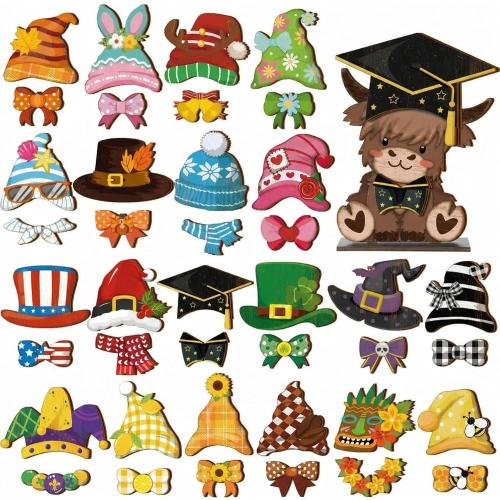 42 Pcs Interchangeable Easter Highland Cow Decor Holiday Highland Cow Seasonal Sign Farmhouse Rustic Wood Welcome Ornament Tiered Tray Decoration Desk Accessories for Home Office Gift