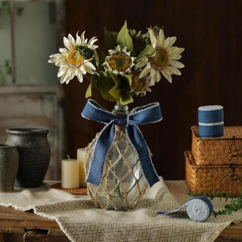 Pretty Jolly Blue Denim Ribbon for Crafts Handmade Rustic Frayed Cotton Jean Fabric Ribbon for Flower Bouquet 15 Yards 1 Inch Cloth Ribbons for Gift Wrapping Hair Sewing Accessories Holiday Decor