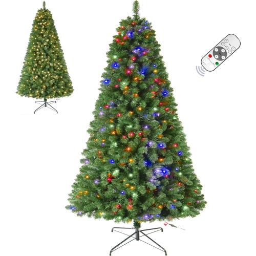 7.5 FT Pre-lit Christmas Tree Spruce with Remote Control, 350 Warm White Multi-Color Changing LED Lights, Artificial Hinged/Feel Real/Realistic for Home, Holiday Decoration Dual Color LED