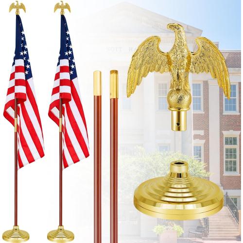 Shimeyao 2 Pack 8 ft Indoor Flag Pole Set with Base and Eagle Topper, Telescoping Flagpole with Stand Holder for Office, Hall and City Display, Flag Not Included(Wood Color,Wood)