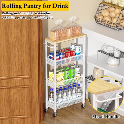Utility Slim Storage Cart, 4 Tier Small Rolling Kitchen Laundry Room Cart with Wood Top, Metal Narrow Bathroom Storage Cabinet Mobile Shelf Unit Organizer Trolley with Handle for Narrow Space
