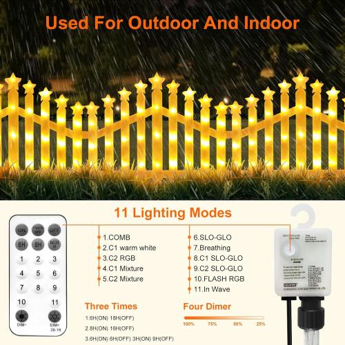 White Garden Picket Fence Lights 8 Pack, 11 Modes Fence Lights with Remote,13.8 x 11 inch Christmas Tree Fence Lights Plug in,Plastic White Edgings Garden Picket Fence Lights for Landscape Patio Yard Xmas