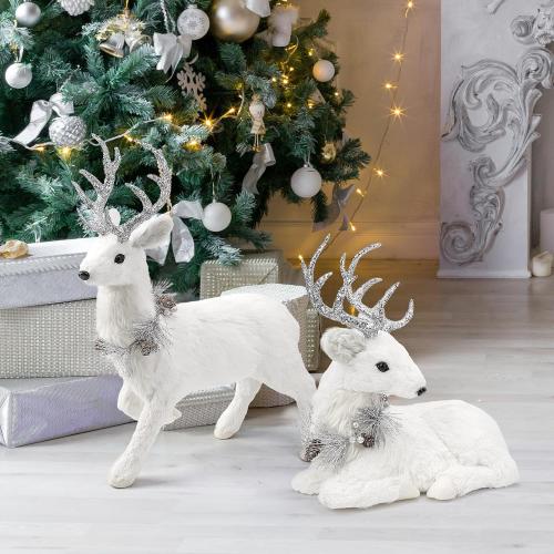 naturevibe 18 Inches Sisal Christmas Reindeer Set of 2,Realistic Woodland Animals Reindeer Figurine with Silver Accent for White Christmas Decorations,Centerpiece Table Decorations or Fireplace Decor