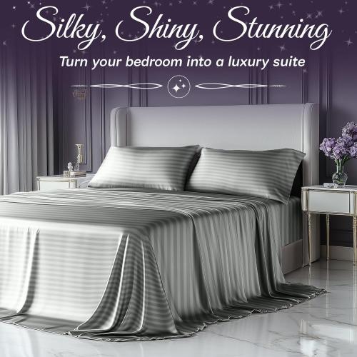 SLEEP SANCTUARY Satin Sheets King Size – 4 Piece Luxury Silky Bed Set, Softer Than Silk, 15 Deep Pocket, Cooling & Wrinkle-Free, Moisture-Wicking & Breathable for Hair & Skin (Striped Grey)