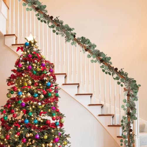 LOHASBEE Artificial Christmas Garland, 5 Feet Pine Cone Eucalyptus Garland with Snow, Red Berries, Bells Glitter for Christmas Indoor Outdoor Garden Gate Front Door Home Wall Window Stair Decor