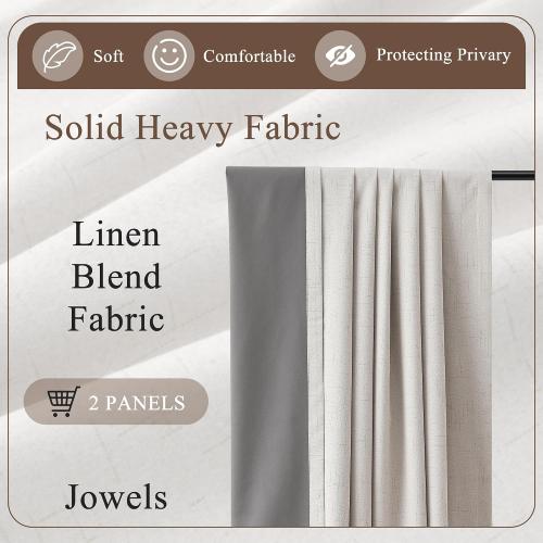 Jowels Natural Linen Blackout Curtains 102 Inches Long 2 Panels for Bedroom