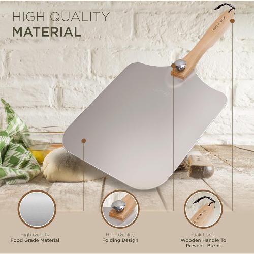 Large Pizza Peel 16 inch - Extra Large Metal Pizza Peel with 14 inch Stainless Steel Pizza Cutter Rocker, Pizza Paddle with Folding Handle (13x16 with 14 Cutter)
