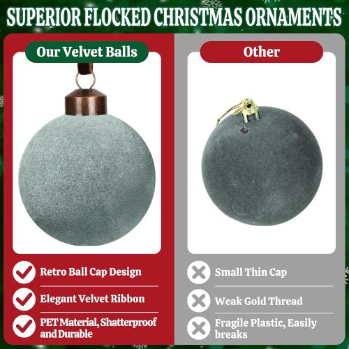 24 Pcs Velvet Christmas Balls Bulk, 3.15/ 2.76/ 2.36 Flocked Christmas Tree Ball Ornaments Xmas Decorative Hanging Ornaments for Xmas Tree Wreath Home Party Decor (Dusty Blue)