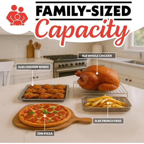 Gourmia French Door Air Fryer – 25 Qt Large Capacity Convection Oven, Fryfroce 360°, Digital Display with 17 Cooking Presets, Bake, Toast, Roast, Dehydrate, Fits 12” Pizza