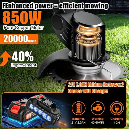 Electric Weed Wacker Cordless with Wheels,21V Battery Powered Weed Wacker 3-in-1 Grass Trimmer/Brush Cutter/Edger, 2pcs Batteries&4 Types Blades, Lightweight, Low Noise for Thick Weeds&Yard Garden