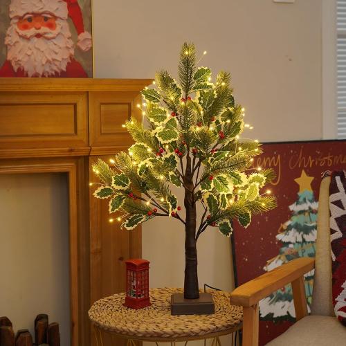 2 FT Christmas Tree with 72 LED Lights, Christmas Decorations Indoor, Fairy Light Spirit Tree for Home Decor, Lighted Birch Trees with Pine Needles, USB and 3AA Battery and Timer（Warm White）