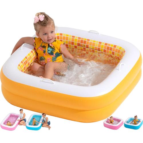 Baby and Toddler Pool with Cushioned Floor, Handles & Drain, 34x10 Skin Safe Small Square Inflatable Kiddie Pool Portable Bathtub and Ball Pit, Summer Outdoor Gift for Babies, Infants & Toddlers 1-3