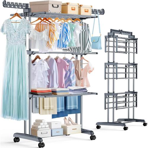 Upgraded 4-Tier Clothes Drying Rack, Drying Rack Clothing with Wheels | Large Foldable Laundry Drying Rack, Clothes Rack with Side Hooks for Indoor Outdoor Air Drying, 19.68D x 29.9W x 67.7H