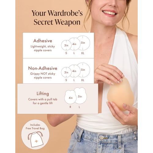 Bare Babe Nipple Covers with Lift - Reusable Sticky Bra Push Up - Waterproof Nipple Pasties Strapless Bras for Women 4 Shades