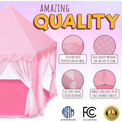 ORIAN Princess Castle Playhouse Tent for Girls with LED Star Lights – Indoor & Outdoor Large Kids Play Tent for Imaginative Games – ASTM Certified, 230 Polyester Taffeta. Pink 55x53.