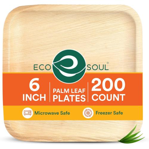 ECO SOUL 6 Inch Disposable Palm Leaf Bamboo Plates, (200 Pack, Square) | Premium, Natural, Food-Safe, Heavy Duty, Compostable, Eco-Friendly, Biodegradable, Best For Events, Parties, Weddings, BBQs