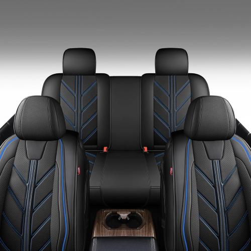 Color Black and Blue Truck Seat Covers Compatible with Ford F-150 2009-2025 XL XLT Lariat King Ranch Platinum Tremor Pickup Faux Leather Cushion Protector Fit Ford F150 Crew Cab(Black Blue, Full Set)