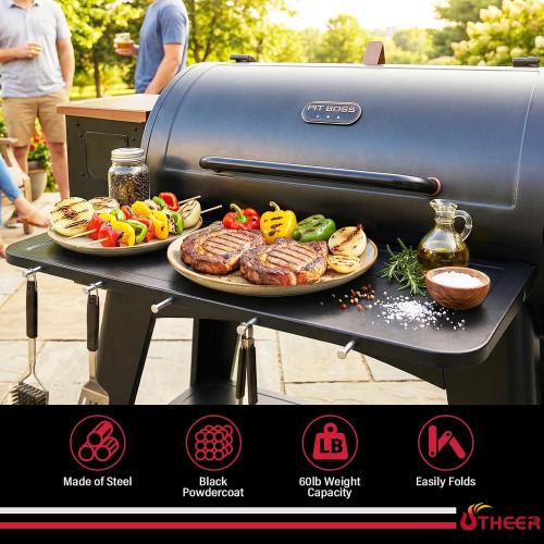 Utheer Upgraded Folding Front Shelf for Pit Boss Austin XL 1000 & Savannah 1500 Pellet Grills, 29.5 × 13.7 Heavy-Duty BBQ Prep Table with Cutting Board, Foldable Basin, Lid & 5 Hooks, 60-LB Load
