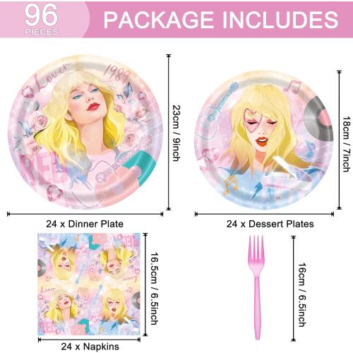 96 Pcs Birthday Party Plates Napkins Forks Supplies Paper Tableware Set Disposable Table Decorations for Girls Birthday Party, Serves 24 Guests