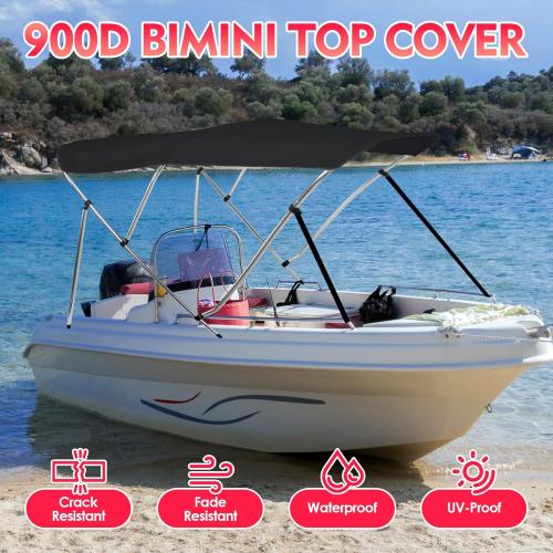 Bimini Tops for Boats, Black 3 Bow L6' x W54-60 x H46, 900D Polyester Bimini Top, 2 Rear Support Poles and Storage Boot, 4 Adjustable Nylon Straps