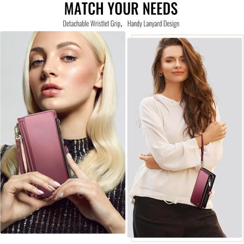 Defencase Compatible with Moto G Stylus 5G 2024 Case, RFID Blocking Wallet Case Compatible for Motorola Moto G Stylus 5G 2024 PU Leather Flip Strap Zipper Card Holder Phone Case for Women, Wine Red